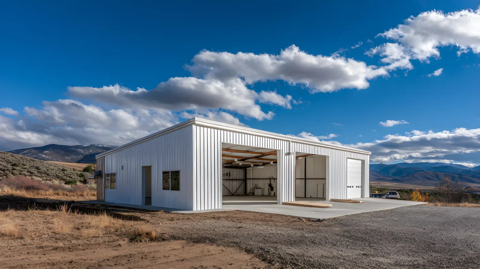 Large white metal workshop with open garage bays