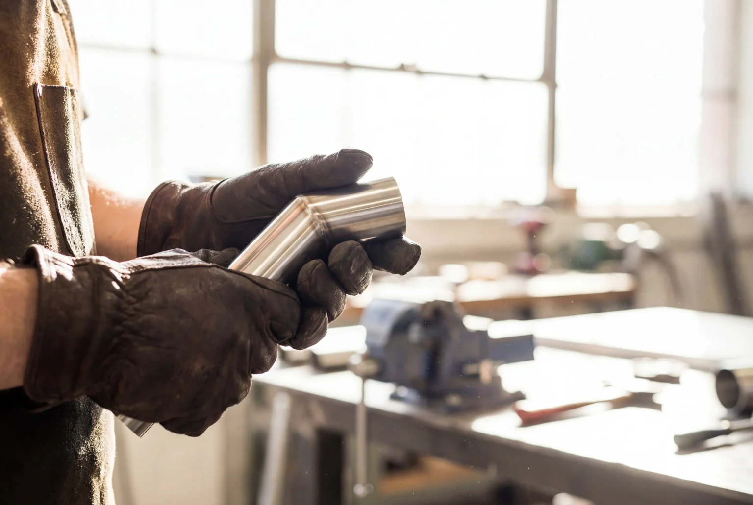 Fabricator holding a finished metal pipe in a workshop
